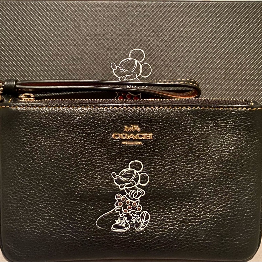 Coach Black Leather Wristlet with Mickey Mouse Detail